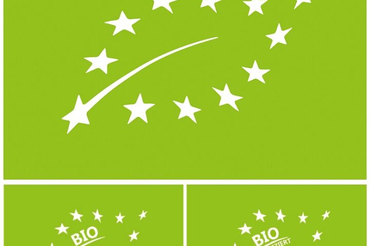 Three versions of the EU Green Leaf organic label, including original and modified designs with added BIO or BIO EU ZERTIFIZIERT text, used in a University of Bonn study on label clarity and trust