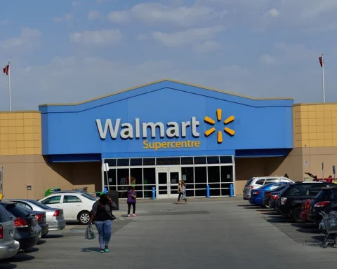 Exterior of a Walmart Supercentre store with blue and yellow signage, parked cars in the foreground, and shoppers walking toward the entrance.