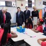 President Trump, Rubio, Kushner, and Ivanka Trump interact with fourth-grade students in a decorated classroom at Saint Andrew's Catholic School.
