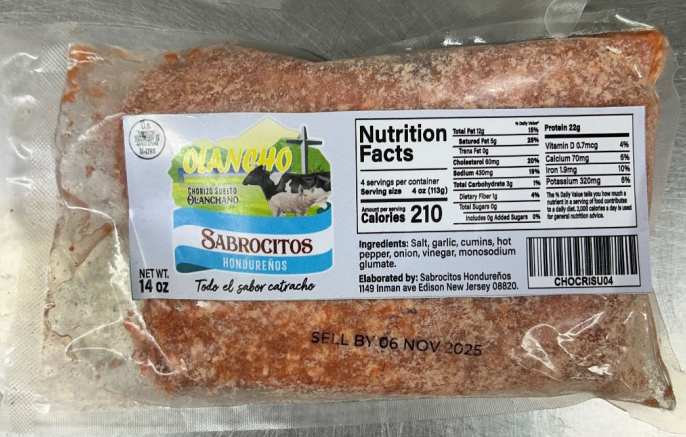 Vacuum-sealed package of Sabrositos Hondureños chorizo showing the Olancho brand label with nutrition facts and a visible expiration date of November 2025.