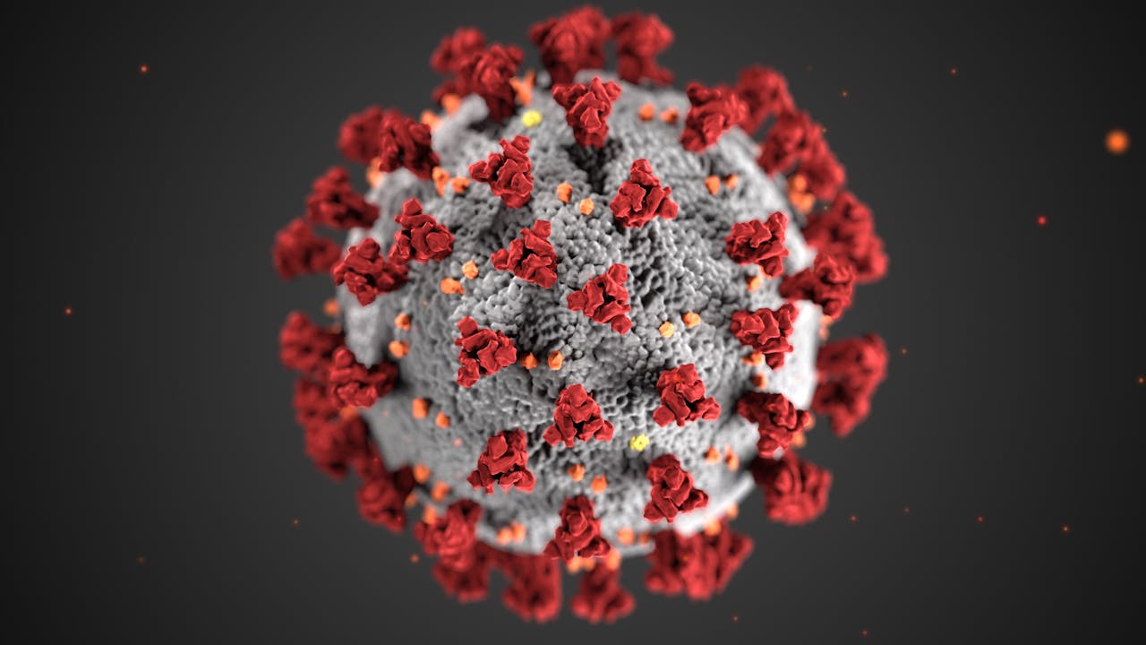 3D rendering of a coronavirus particle with red spike proteins on a gray spherical surface with small orange and yellow elements