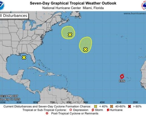 National Hurricane Center 7-Day Graphical Tropical Weather Outlook showing tropical storm Erin near the Cabo Verde Islands and two additional disturbances with yellow highlighted areas indicating potential development zones across the Atlantic basin.