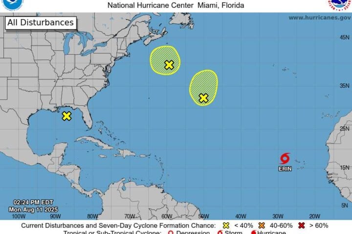 National Hurricane Center 7-Day Graphical Tropical Weather Outlook showing tropical storm Erin near the Cabo Verde Islands and two additional disturbances with yellow highlighted areas indicating potential development zones across the Atlantic basin.