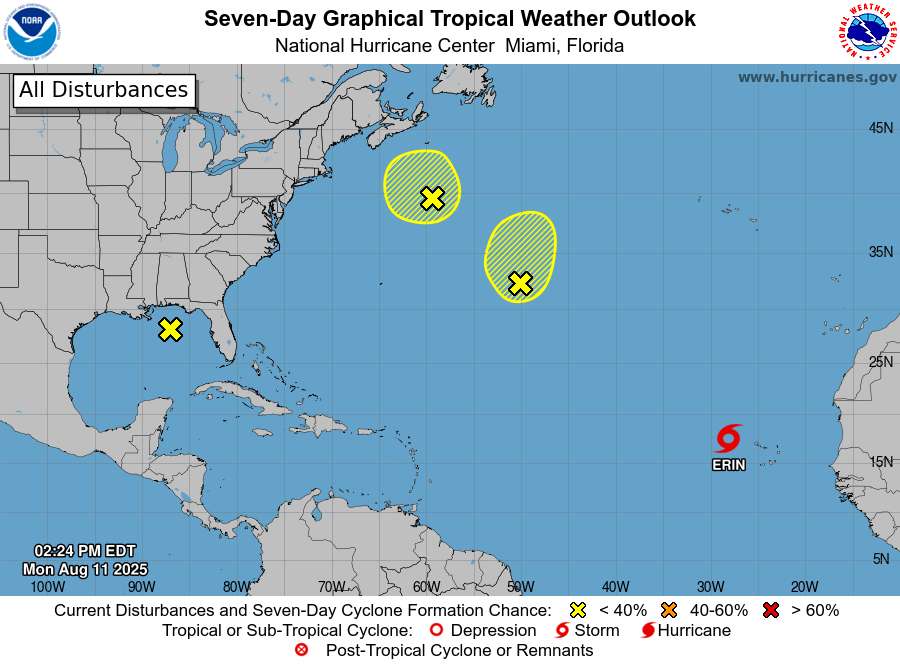 National Hurricane Center 7-Day Graphical Tropical Weather Outlook showing tropical storm Erin near the Cabo Verde Islands and two additional disturbances with yellow highlighted areas indicating potential development zones across the Atlantic basin.