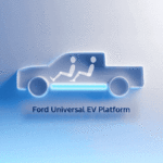 Schematic of Ford Universal EV Platform showing blue vehicle outline, battery location, and passenger layout for electric pickup concept.