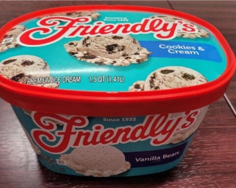 Close-up of a 48-oz Friendly’s Vanilla Bean ice cream tub shown with a Cookies & Cream lid from the FDA recall notice.