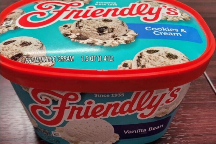 Close-up of a 48-oz Friendly’s Vanilla Bean ice cream tub shown with a Cookies & Cream lid from the FDA recall notice.