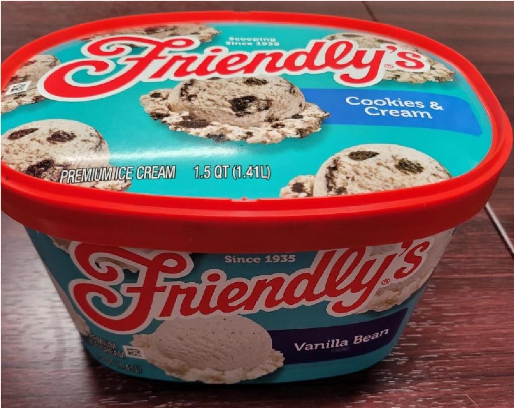Close-up of a 48-oz Friendly’s Vanilla Bean ice cream tub shown with a Cookies & Cream lid from the FDA recall notice.