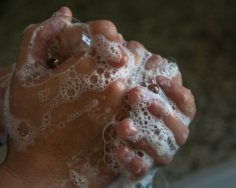 Person washing hands with soap and water, emphasizing hygiene.