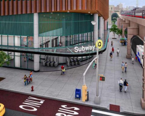 Architectural rendering of the planned 125th Street subway station entrance for the Second Avenue Subway extension, showing a modern glass and metal structure with the Q train visible on an elevated track in the background and pedestrians walking near the entrance.