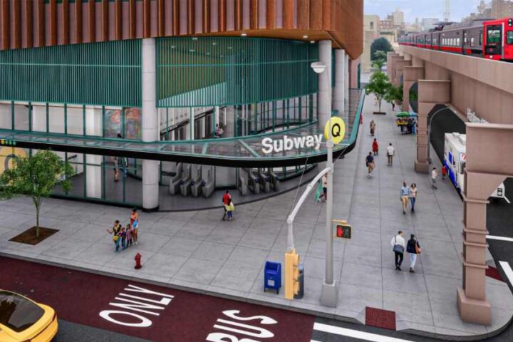 Architectural rendering of the planned 125th Street subway station entrance for the Second Avenue Subway extension, showing a modern glass and metal structure with the Q train visible on an elevated track in the background and pedestrians walking near the entrance.
