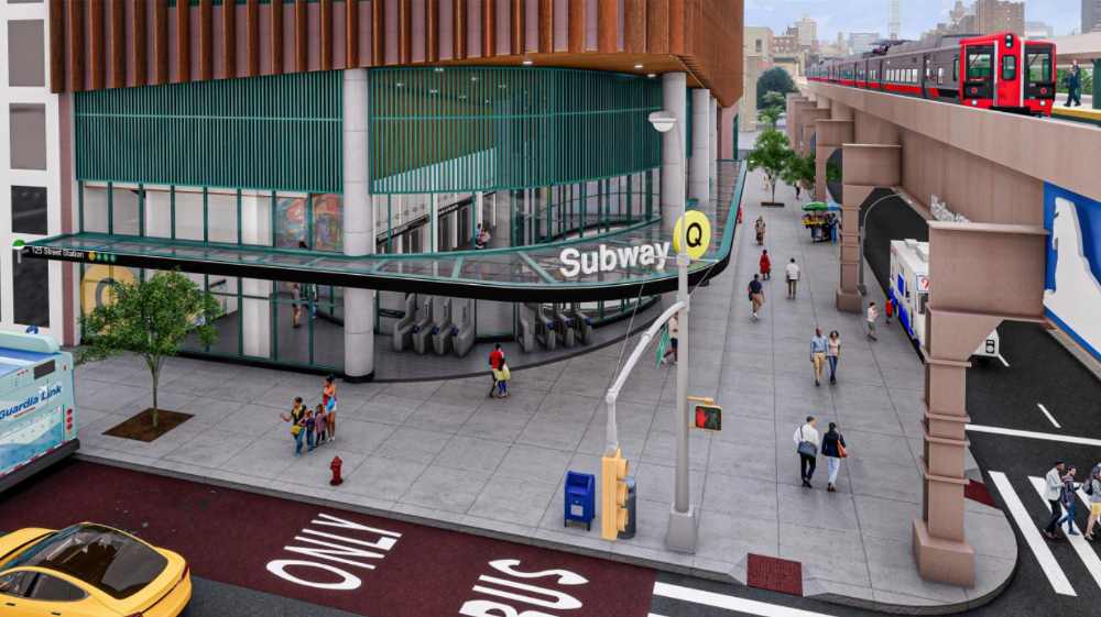 Architectural rendering of the planned 125th Street subway station entrance for the Second Avenue Subway extension, showing a modern glass and metal structure with the Q train visible on an elevated track in the background and pedestrians walking near the entrance.