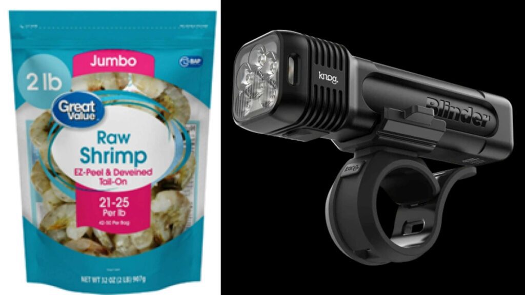 A composite image showing a bag of Great Value Raw Shrimp on the left and a Knog Blinder bike light on the right.