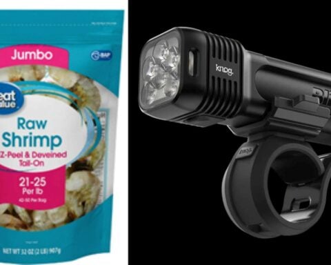 A composite image showing a bag of Great Value Raw Shrimp on the left and a Knog Blinder bike light on the right.