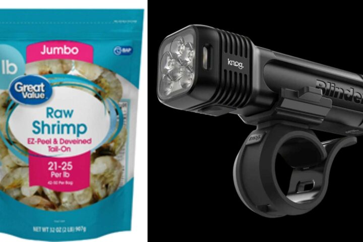 A composite image showing a bag of Great Value Raw Shrimp on the left and a Knog Blinder bike light on the right.