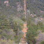 Hikers climbing the steep, wooden railroad-tie steps of the Manitou Incline through a densely forested mountainside.