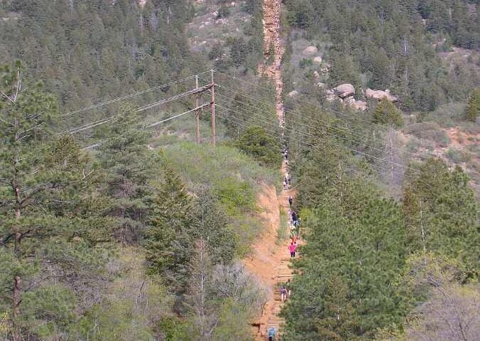 Hikers climbing the steep, wooden railroad-tie steps of the Manitou Incline through a densely forested mountainside.