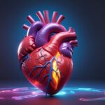 3D-rendered anatomical human heart with neon-lit arteries floating above a glowing circuit-like pattern on a dark background.