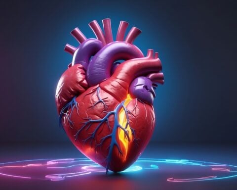 3D-rendered anatomical human heart with neon-lit arteries floating above a glowing circuit-like pattern on a dark background.