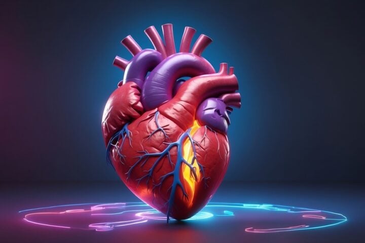 3D-rendered anatomical human heart with neon-lit arteries floating above a glowing circuit-like pattern on a dark background.