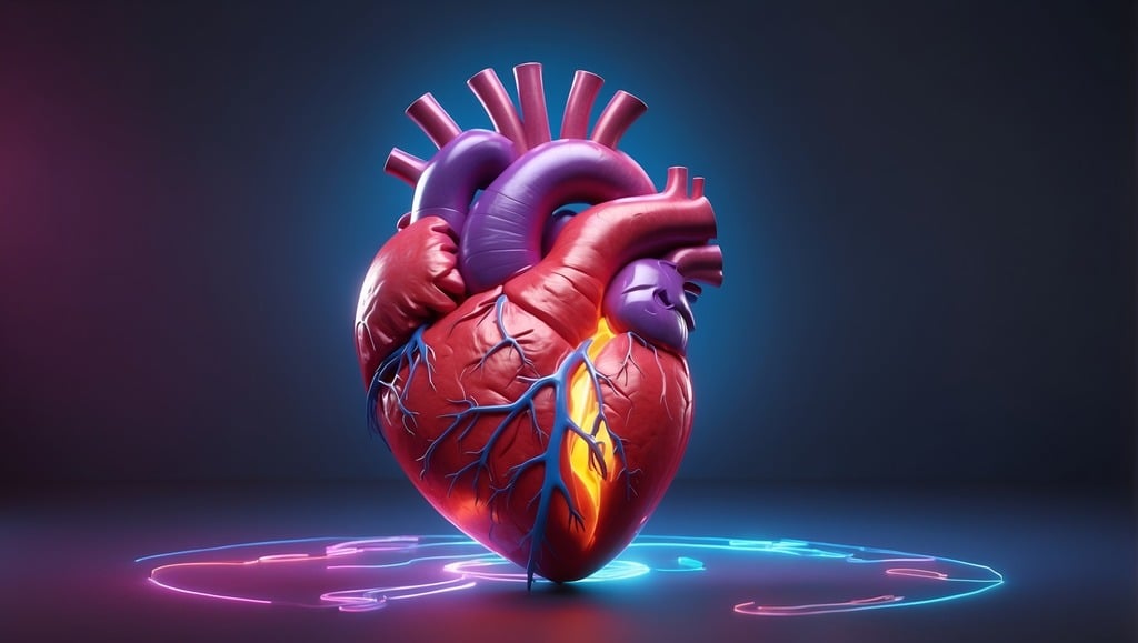 3D-rendered anatomical human heart with neon-lit arteries floating above a glowing circuit-like pattern on a dark background.