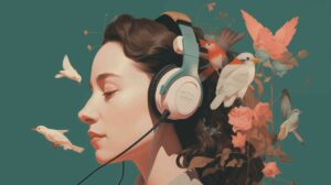 Profile view of a young woman wearing headphones with her eyes closed, surrounded by decorative birds and flowers in a dreamlike composition against a teal background.