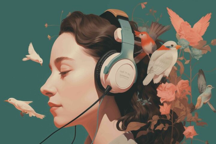 Profile view of a young woman wearing headphones with her eyes closed, surrounded by decorative birds and flowers in a dreamlike composition against a teal background.