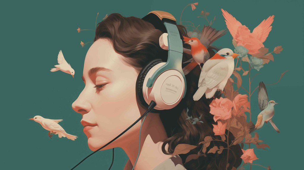 Profile view of a young woman wearing headphones with her eyes closed, surrounded by decorative birds and flowers in a dreamlike composition against a teal background.
