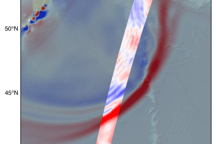 A map showing sea surface height anomalies across the Pacific Ocean, with a highlighted swath of SWOT satellite data and a red star indicating the Kamchatka earthquake's origin.