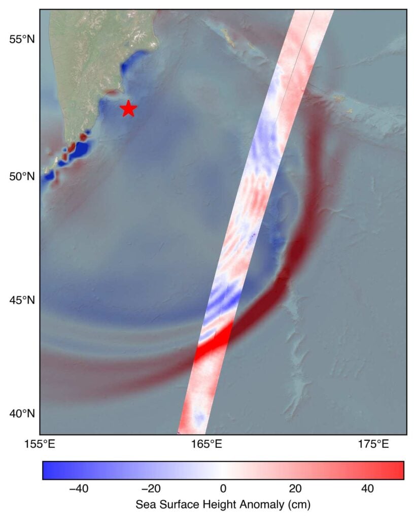 A map showing sea surface height anomalies across the Pacific Ocean, with a highlighted swath of SWOT satellite data and a red star indicating the Kamchatka earthquake's origin.
