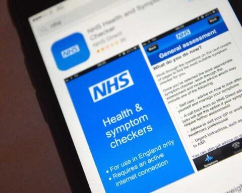 iPhone 6 showing Apple App Store search results for NHS, with NHS Health and Symptom Checkers app listing, GET button visible, and partial NHS BMI healthy weight calculator listing.