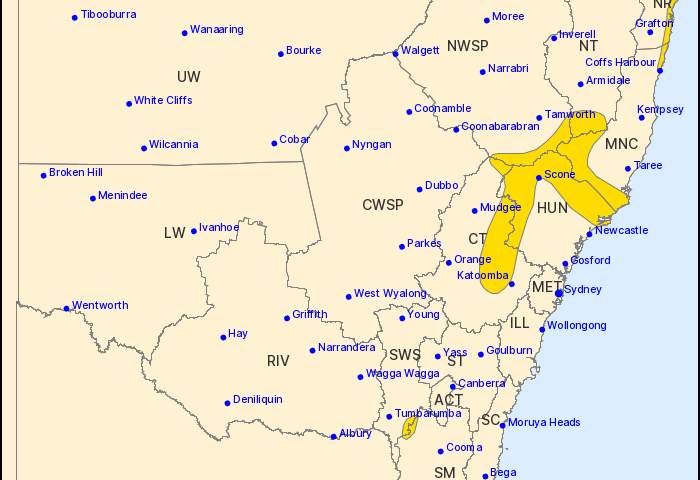 Map of New South Wales showing regions under severe weather warning for damaging winds and heavy rainfall.