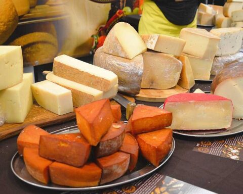 Representative Image. Assortment of various cheese types including soft cheese and orange-colored cheese displayed on a round metal serving platter.