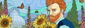 Illustration of a bearded man—modeled after Vincent van Gogh—amid sunflowers and foxgloves, with the NYBG conservatory dome in the background and pollinators flying overhead.
