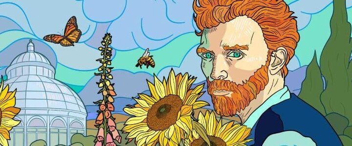 Illustration of a bearded man—modeled after Vincent van Gogh—amid sunflowers and foxgloves, with the NYBG conservatory dome in the background and pollinators flying overhead.