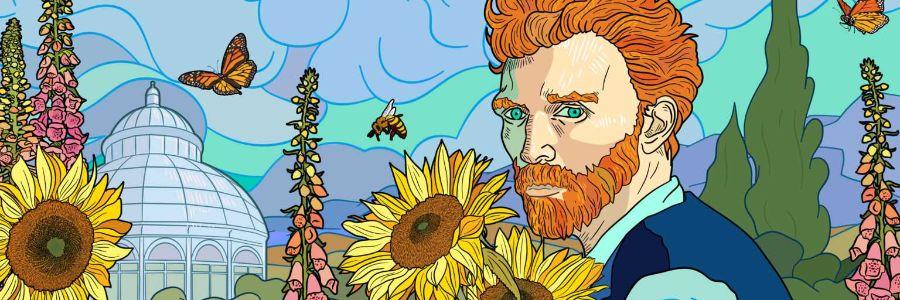 Illustration of a bearded man—modeled after Vincent van Gogh—amid sunflowers and foxgloves, with the NYBG conservatory dome in the background and pollinators flying overhead.