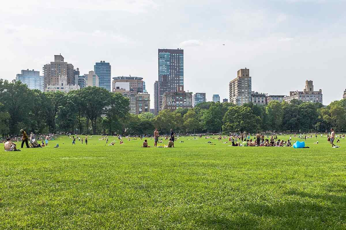 A wide green park with scattered visitors and tall city buildings in the background