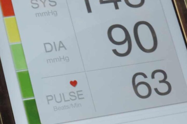 Digital blood pressure reading on a tablet showing systolic 148, diastolic 90, and pulse 63, with color-coded indicators showing elevated blood pressure levels.