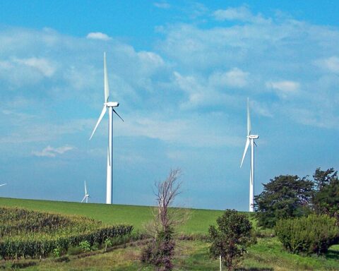 Wind turbines at Adair Wind Farm in Iowa, seen from open fields under a clear blue sky near Interstate 80.