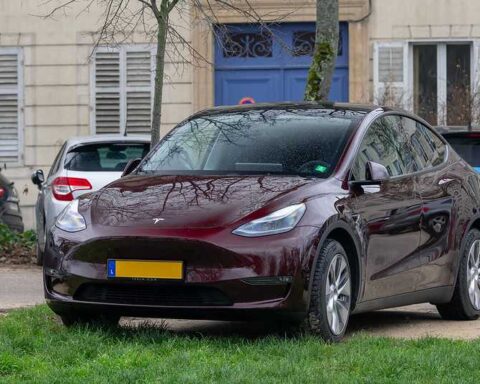 Maroon Tesla Model Y parked on grass beside a sidewalk in front of a beige building with shutters in Nancy, France; yellow EU plate; nearby cars.