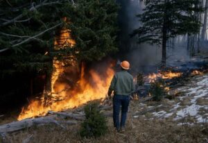 Worker in a hard hat faces a forest wildfire as flames and smoke engulf a mix of green and burned trees.