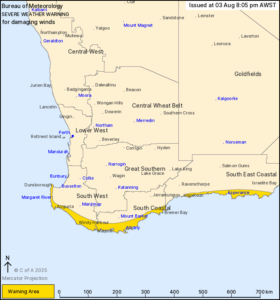 Map of southern Western Australia showing the coastal belt from Kalbarri down to Esperance shaded under a severe-weather warning for damaging winds.