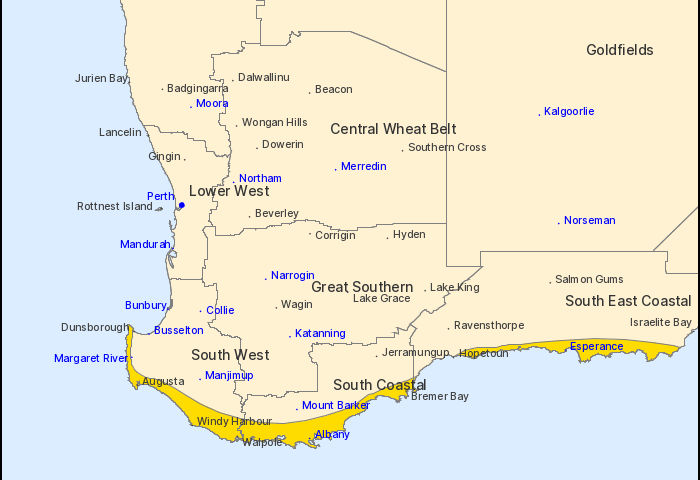Map of southern Western Australia showing the coastal belt from Kalbarri down to Esperance shaded under a severe-weather warning for damaging winds.