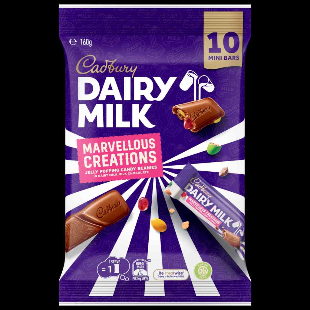 Front of pack of Cadbury Marvellous Creations Jelly Popping Candy Beanies 10‑piece 160g sharebag.