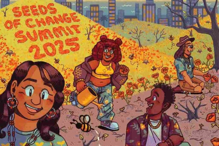 Illustrated poster showing diverse youth planting seeds in a burnt field that transforms into a bright landscape of flowers, created for the Seeds of Change Summit 2025 by Youth on Root.