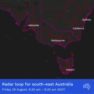 Weather radar image showing storm systems across south-eastern Australia on August 29, 2025. The image displays blue and white precipitation patterns moving across Adelaide, Melbourne, Canberra, Sydney, and Hobart regions between 6:30-9:30am AEST. The Bureau of Meteorology issued severe weather warnings for damaging winds in these areas.