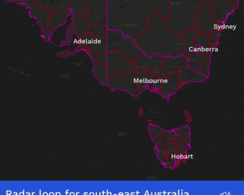 Weather radar image showing storm systems across south-eastern Australia on August 29, 2025. The image displays blue and white precipitation patterns moving across Adelaide, Melbourne, Canberra, Sydney, and Hobart regions between 6:30-9:30am AEST. The Bureau of Meteorology issued severe weather warnings for damaging winds in these areas.