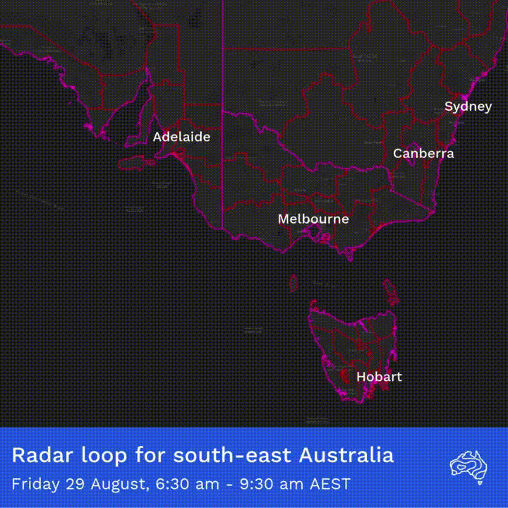Weather radar image showing storm systems across south-eastern Australia on August 29, 2025. The image displays blue and white precipitation patterns moving across Adelaide, Melbourne, Canberra, Sydney, and Hobart regions between 6:30-9:30am AEST. The Bureau of Meteorology issued severe weather warnings for damaging winds in these areas.