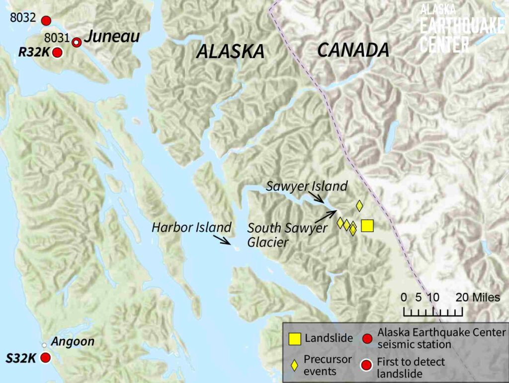 Map showing landslide location and seismic events in Alaska, with key points such as seismic stations, precursor events, and tsunami impact areas.