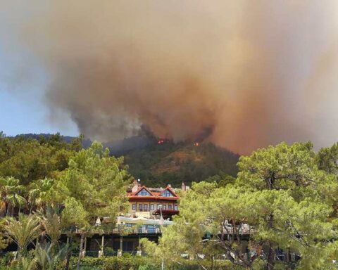 A large plume of smoke rises from a forest fire in Turkey, with trees and buildings in the foreground.